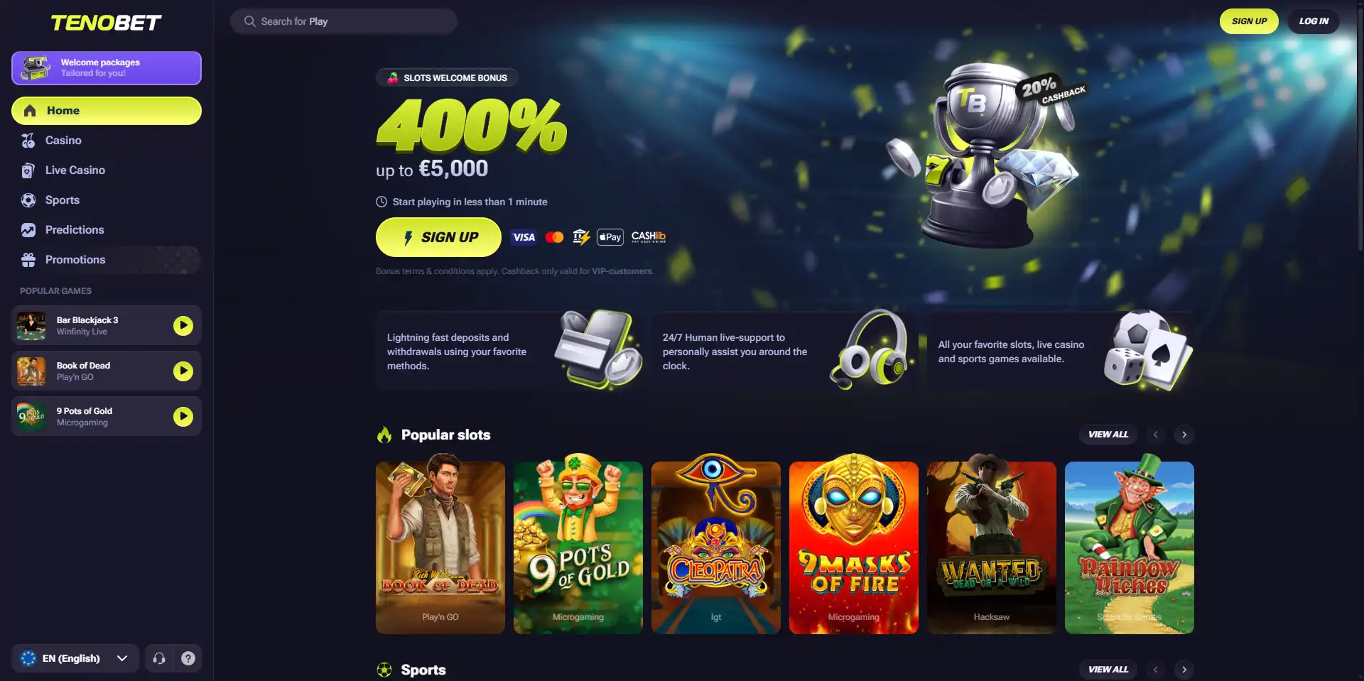 Tenobet homepage showing the brand header and interface
