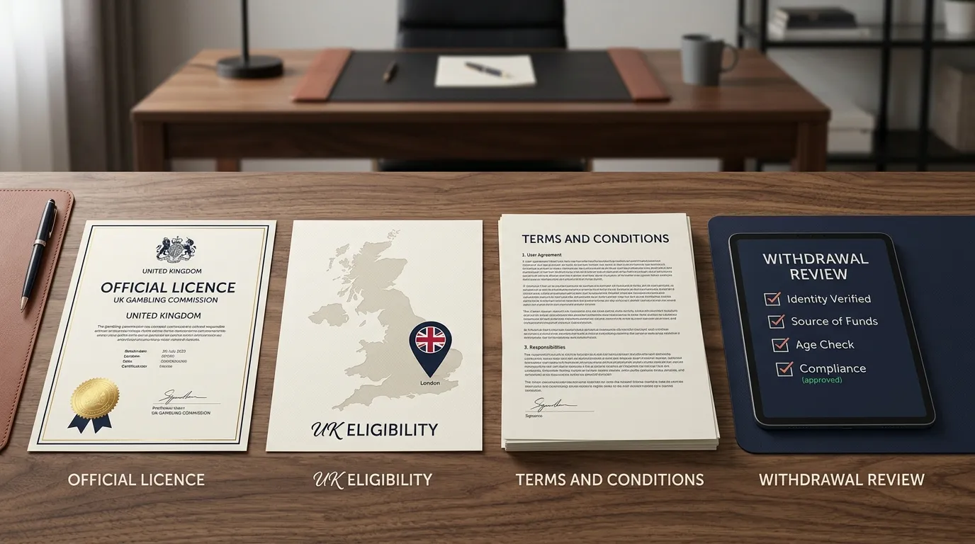 Licence, country eligibility, bonus terms and withdrawal conditions shown as four checks